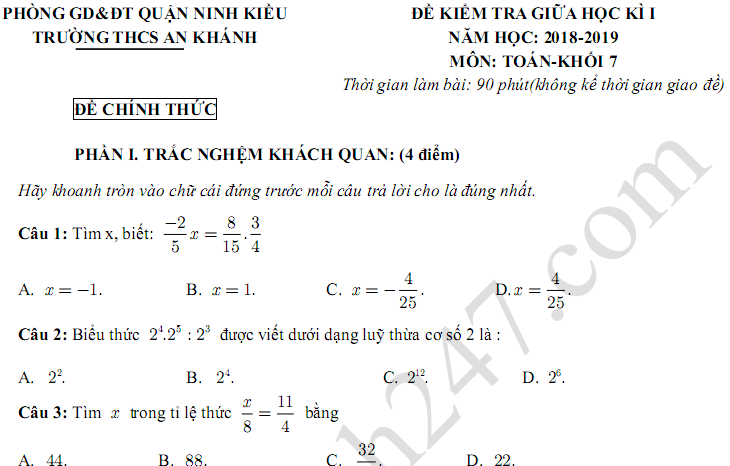 Đề kiểm tra giữa kì 1 lớp 7 môn Toán THCS An Khánh năm 2018 - 2019