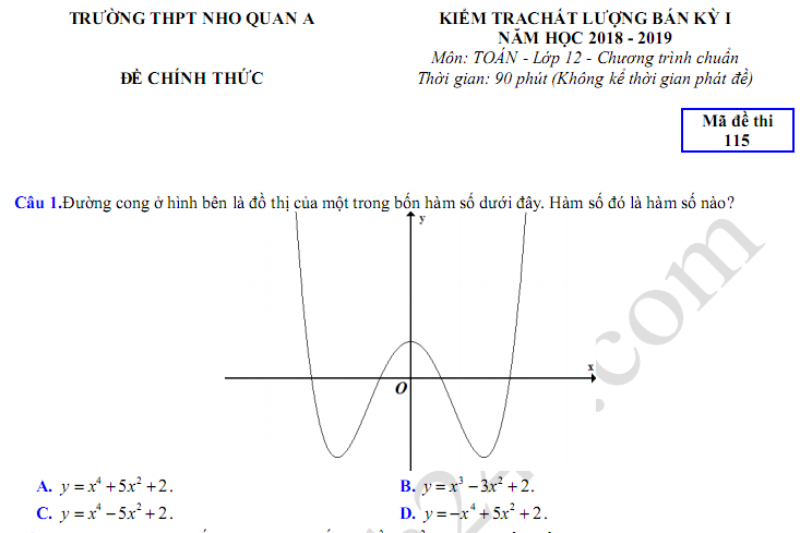 Đề thi giữa kì 1 lớp 12 môn Toán 2018 - 2019 THPT Nho Quan A