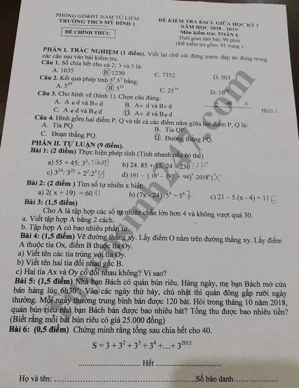 Đề kiểm tra giữa học kỳ 1 lớp 6 môn Toán năm 2018 - THCS Mỹ Đình 1 