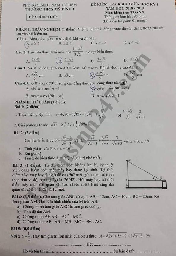 Đề thi giữa học kì 1 lớp 9 môn Toán năm 2018 - trường THCS Mỹ Đình 1 