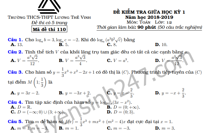 Đề thi giữa kì 1 lớp 12 môn Toán năm 2018 - THPT Lương Thế Vinh 