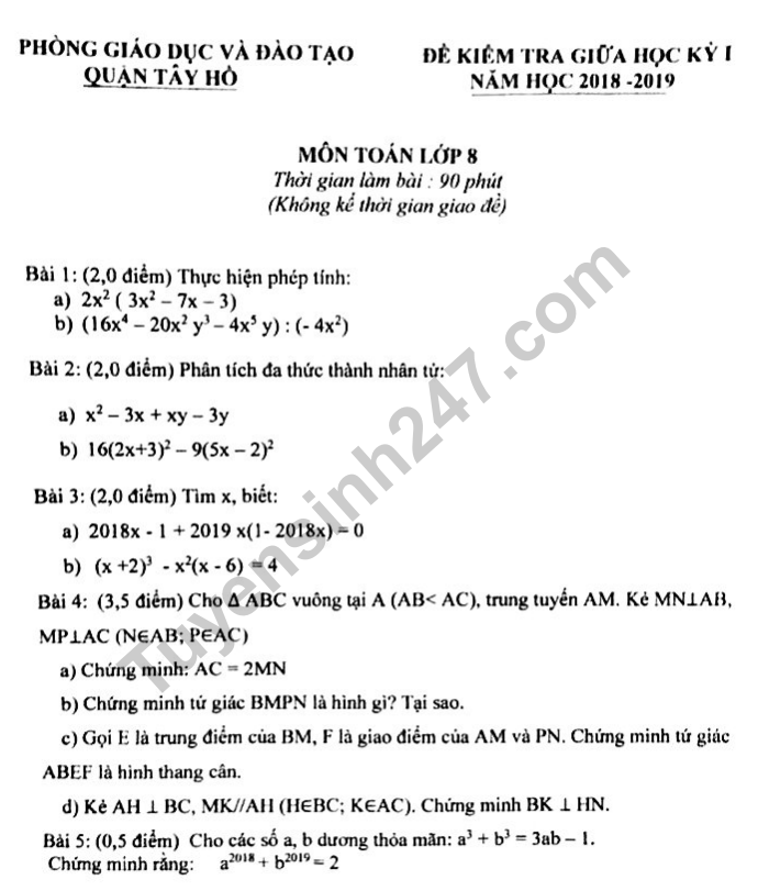 Đề thi giữa kì 1 lớp 8 môn Toán - Quận Tây Hồ năm học 2018 - 2019