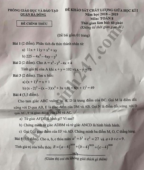 Đề thi giữa học kỳ 1 môn Toán lớp 8 năm 2018 - Phòng GD&ĐT Quận Hà Đông 