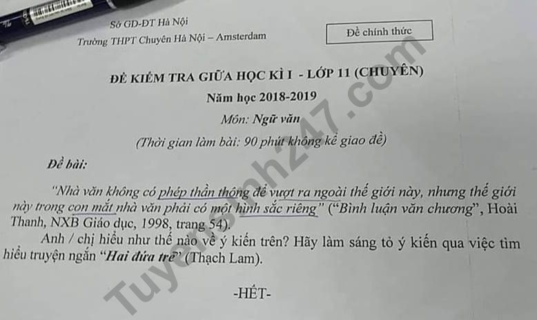 Đề thi giữa kì 1 lớp 11 môn Văn - Chuyên Amsterdam năm học 2018 - 2019