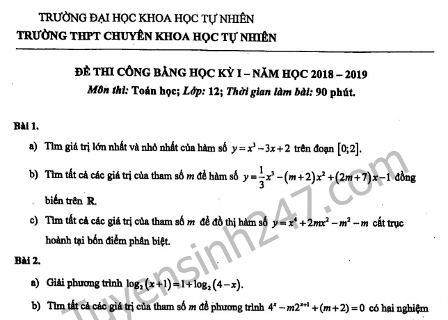 Đề thi giữa kì 1 môn Toán lớp 12 THPT Chuyên KHTN 2018 - 2019