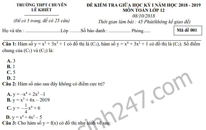 Đề thi giữa kì 1 lớp 12 môn Toán THPT Chuyên Lê Khiết 2018 - 2019