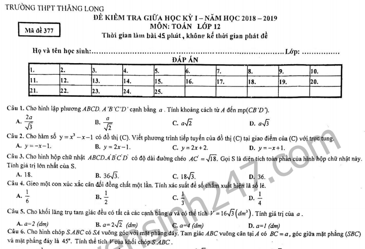 Đề thi giữa kì 1 lớp 12 môn Toán - THPT Thăng Long năm học 2018 - 2019