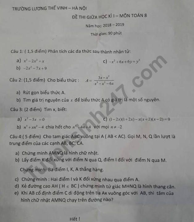 Đề thi giữa kì 1 lớp 8 môn Toán - THCS Lương Thế Vinh năm học 2018-2019