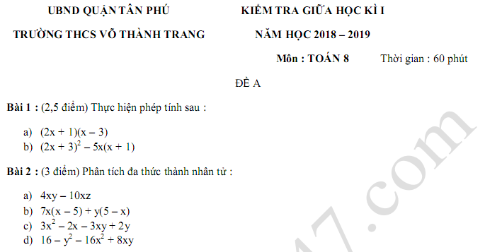 Đề thi giữa kì 1 lớp 8 môn Toán - THCS Võ Thành Trang năm học 2018 - 2019