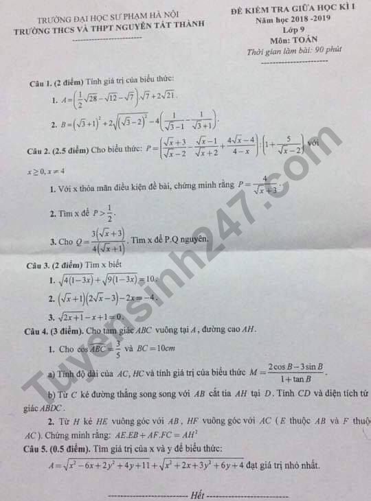 Đề thi giữa kì 1 lớp 9 môn Toán - THCS THPT Nguyễn Tất Thành năm 2018