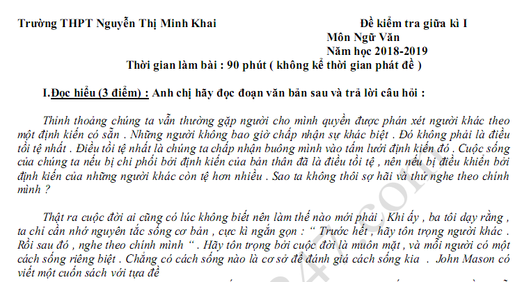 Đề thi giữa kì 1 lớp 11 môn Văn - THPT Nguyễn Thị Minh Khai năm 2018 - 2019