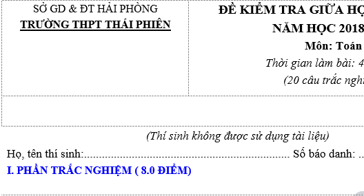 Đề thi giữa học kỳ 1 lớp 12 môn Toán năm 2018 - THPT Thái Phiên 