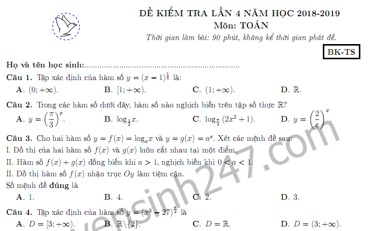 Đề thi giữa kì 1 lớp 12 môn Toán - THPT Nguyễn Khuyến năm 2018 - 2019