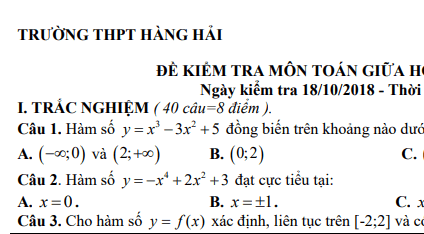 Đề thi giữa học kì 1 môn Toán lớp 12 - THPT Hàng Hải năm học 2018 - 2019