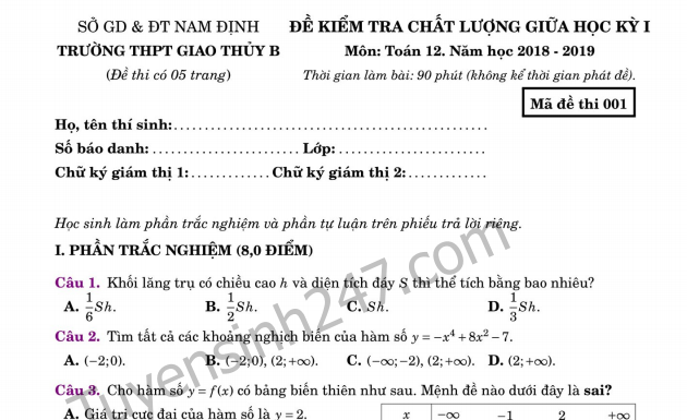 Đề kiểm tra giữa kì 1 lớp 12 môn Toán 2018 - 2019 THPT Giao Thủy B