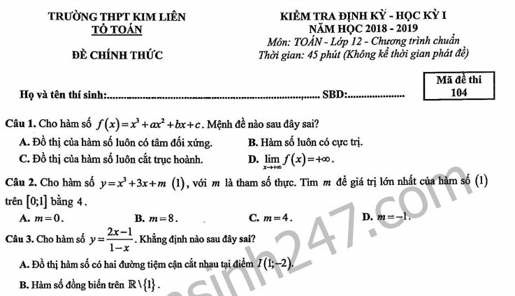 Đề kiểm tra giữa kì 1 lớp 12 môn Toán 2018 - 2019 THPT Kim Liên