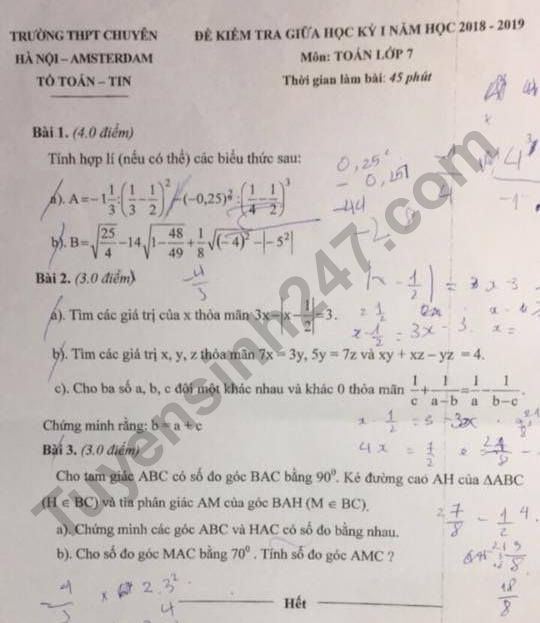 Đề thi giữa kì 1 lớp 7 môn Toán Chuyên Amsterdam 2018 - 2019 