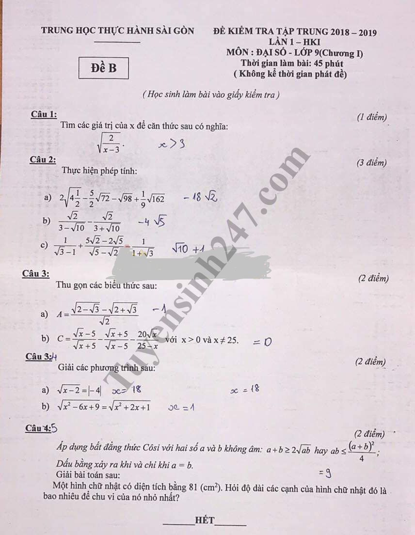 Đề thi giữa học kì 1 môn Toán lớp 9 - Trung học thực hành Sài Gòn năm 2018