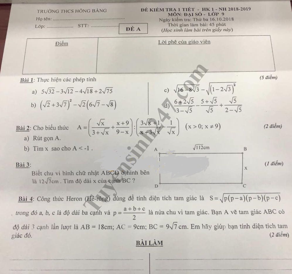 Đề thi giữa học kì 1 môn Toán lớp 9 - THCS Hồng Bàng năm học 2018 - 2019