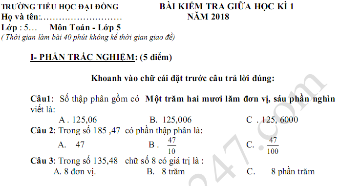 Đề thi giữa kì 1 lớp 5 môn Toán - Tiểu học Đại Đồng năm học 2018 - 2019