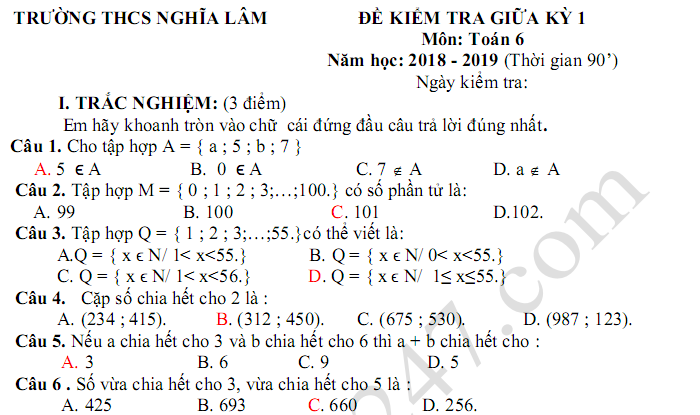 Đề thi giữa kì 1 lớp 6 môn Toán - THCS Nghĩa Lâm năm học 2018 - 2019