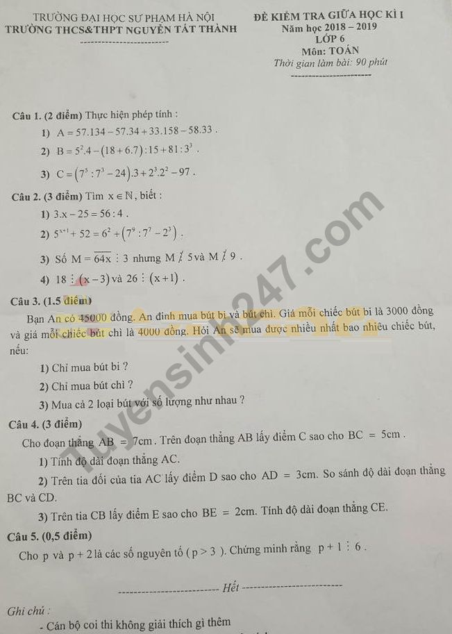 Đề thi giữa kì 1 môn Toán lớp 6 - THCS&THPT Nguyễn Tất Thành năm 2018