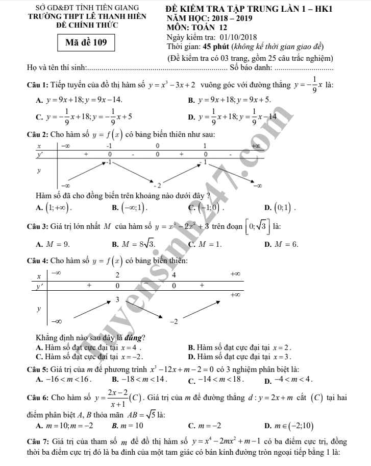 Đề thi giữa học kì 1 lớp 12 môn Toán - THPT Lê Thanh Hiền 2018