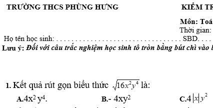 Đề thi giữa học kỳ 1 môn Toán lớp 9 năm 2019 - THCS Phùng Hưng 