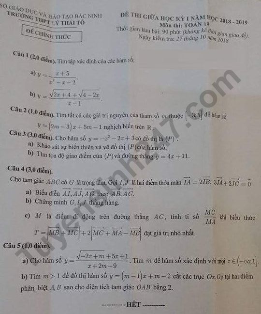 Đề thi giữa kì 1 môn Toán lớp 10 năm 2018 - THPT Lý Thái Tổ 