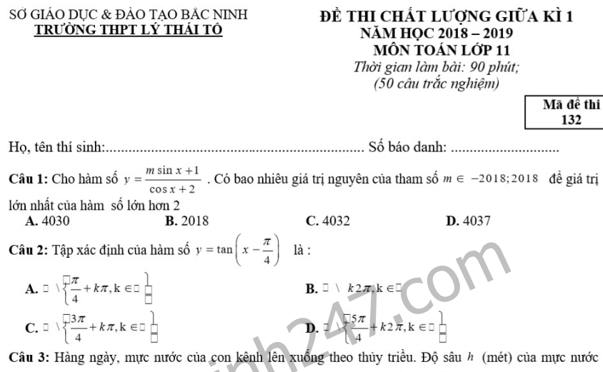 Đề thi giữa kì 1 môn Toán lớp 11 - THPT Lý Thái Tổ năm học 2018 - 2019