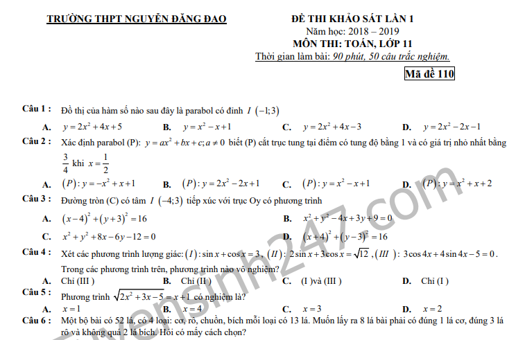 Đề thi giữa kì 1 môn Toán lớp 11 - THPT Nguyễn Đăng Đạo năm học 2018 - 2019