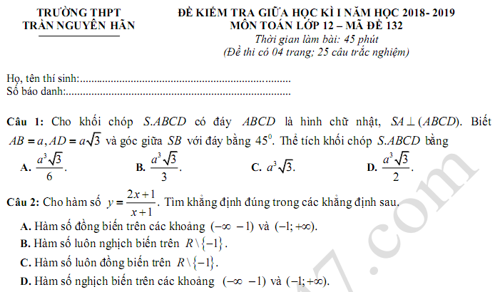 Đề thi giữa kì 1 môn Toán lớp 12 - THPT Trần Nguyên Hãn năm 2018