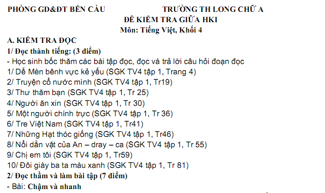 Đề thi giữa kì 1 lớp 4 môn Tiếng Việt - TH Long Chữ A năm 2018