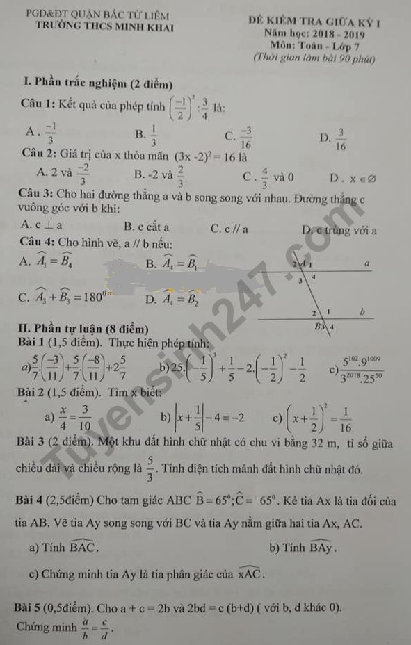 Đề thi giữa kì 1 môn Toán lớp 7 - THCS Minh Khai năm học 2018 - 2019