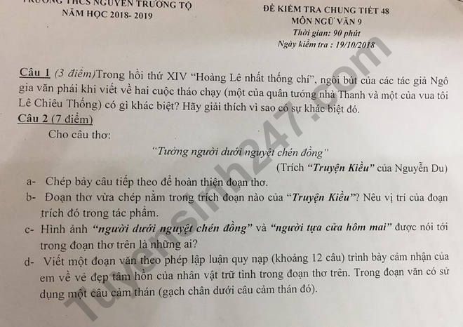 Đề kiểm tra giữa kì 1 lớp 9 môn Văn - THCS Nguyễn Trường Tộ năm học 2018 - 2019