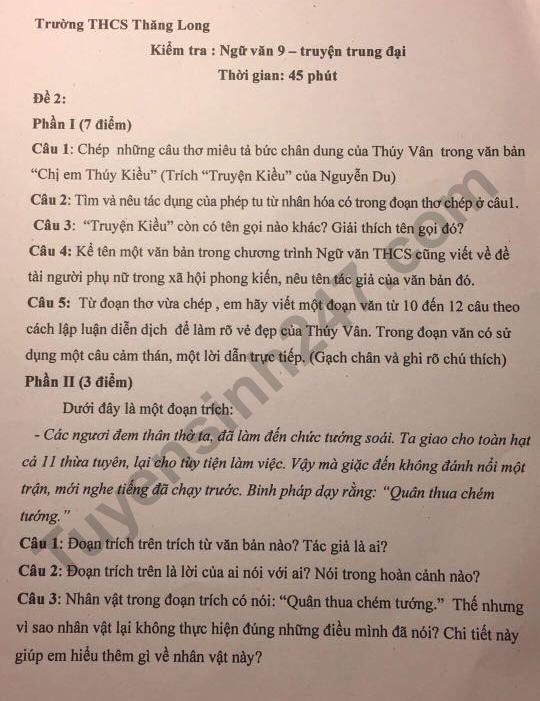 Đề thi giữa kì 1 lớp 9 môn Văn - THCS Thăng Long năm học 2018 - 2019