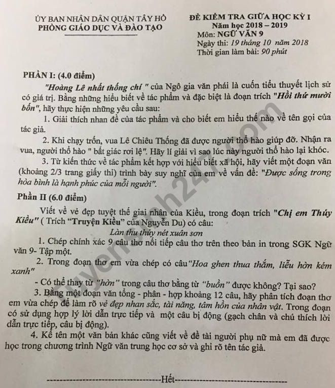 Đề thi giữa kì 1 lớp 9 môn Văn - Phòng GD Quận Tây Hồ năm học 2018 - 2019