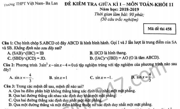 Đề thi giữa kì 1 lớp 11 môn Toán năm học 2018 - 20190 trường THPT Việt Nam Ba Lan