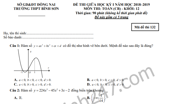 Đề thi giữa kì 1 lớp 12 môn Toán - THPT Bình Sơn năm học 2018 - 2019