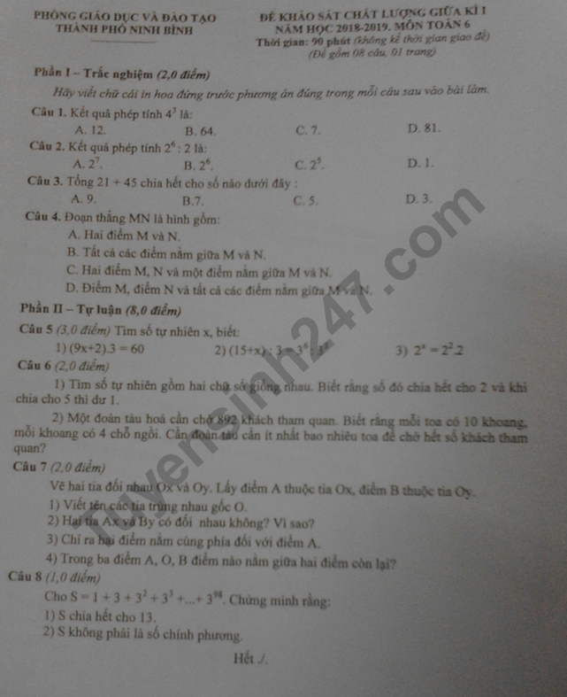 Đề thi giữa kì 1 môn Toán lớp 6 - TP Ninh Bình năm học 2018 - 2019