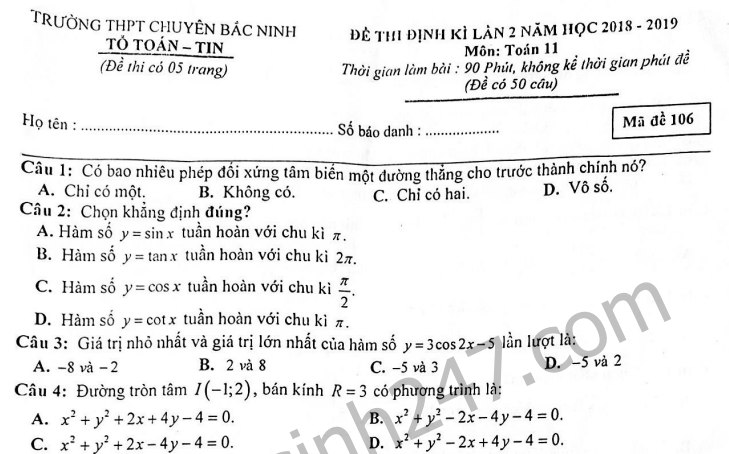 Đề thi giữa kì 1 lớp 11 môn Toán - THPT Chuyên Bắc Ninh năm 2018