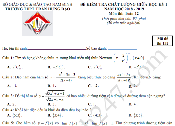 Đề thi giữa kì 1 lớp 12 môn Toán - THPT Trần Hưng Đạo năm học 2018 - 2019