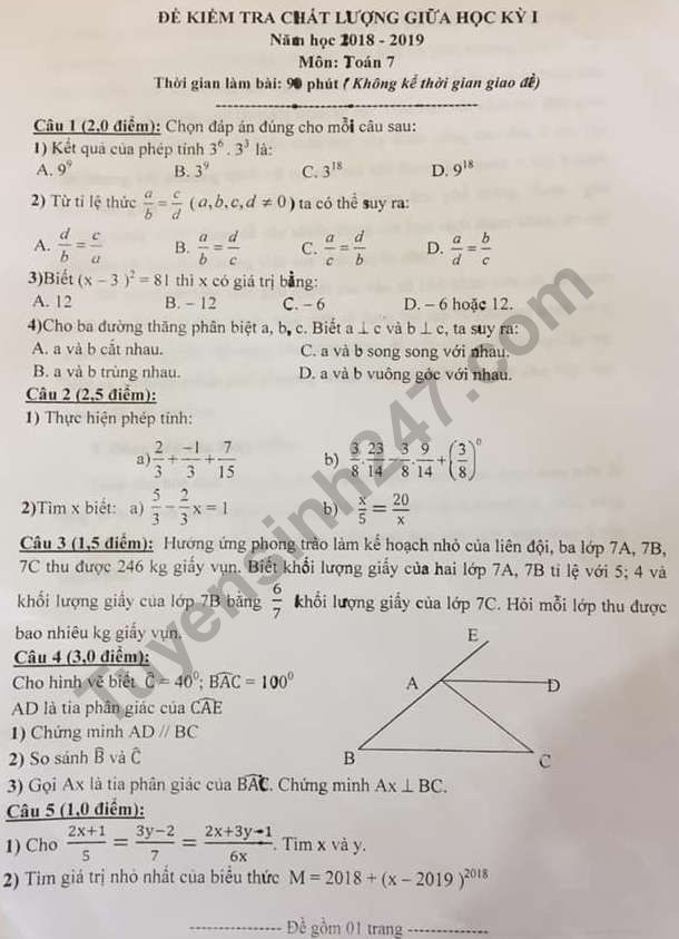 Đề thi giữa học kì 1 môn Toán lớp 7 - Yên Phong năm học 2018 - 2019