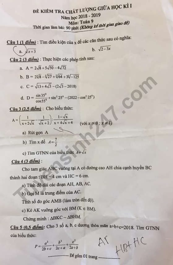 Đề thi giữa kì 1 lớp 9 môn Toán - Yên Phong năm học 2018 - 2019