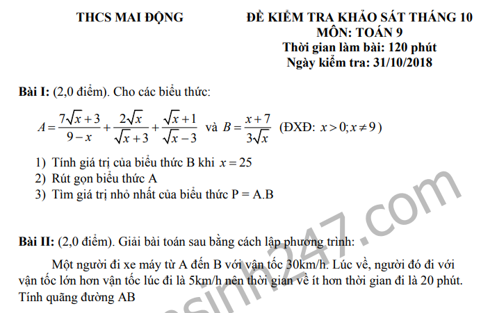 Đề thi giữa kì 1 lớp 9 môn Toán - THCS Mai Động năm học 2018 - 2019