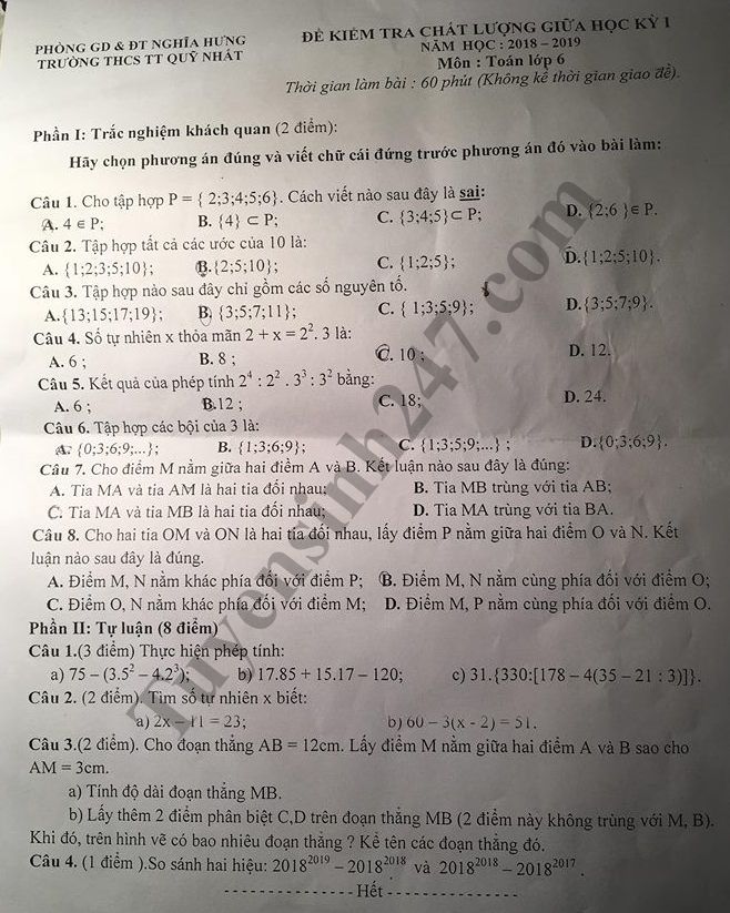 Đề thi giữa học kì 1 môn Toán lớp 6 năm 2018 - THCS Thị Trấn Qũy Nhất