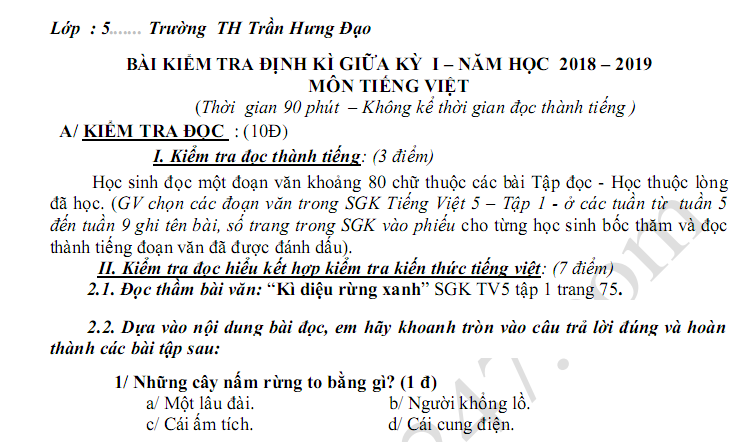 Đề thi giữa kì 1 lớp 5 môn Tiếng Việt 2018 - 2019 TH Trần Hưng Đạo