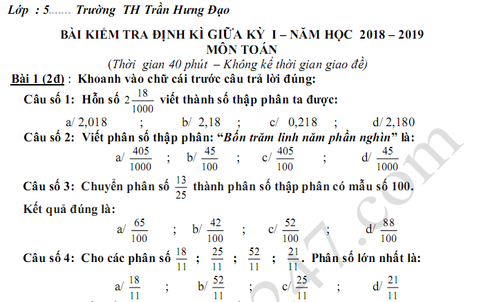 Đề thi giữa kì 1 lớp 5 môn Toán - TH Trần Hưng Đạo năm học 2018 - 2019 