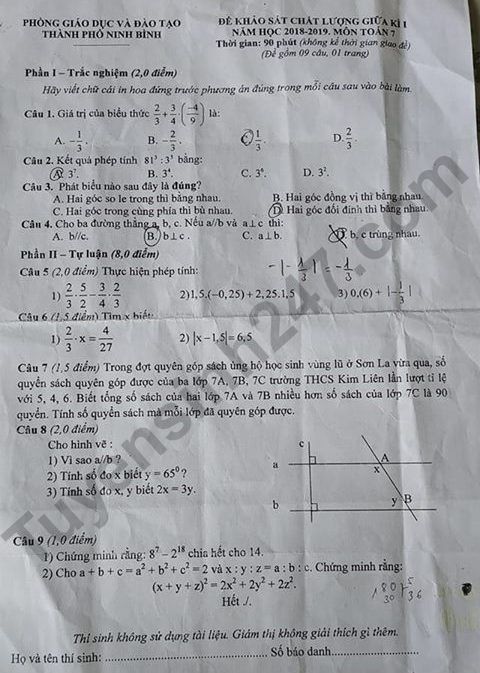 Đề thi giữa kì 1 lớp 7 môn Toán - tỉnh Ninh Bình năm học 2018 - 2019