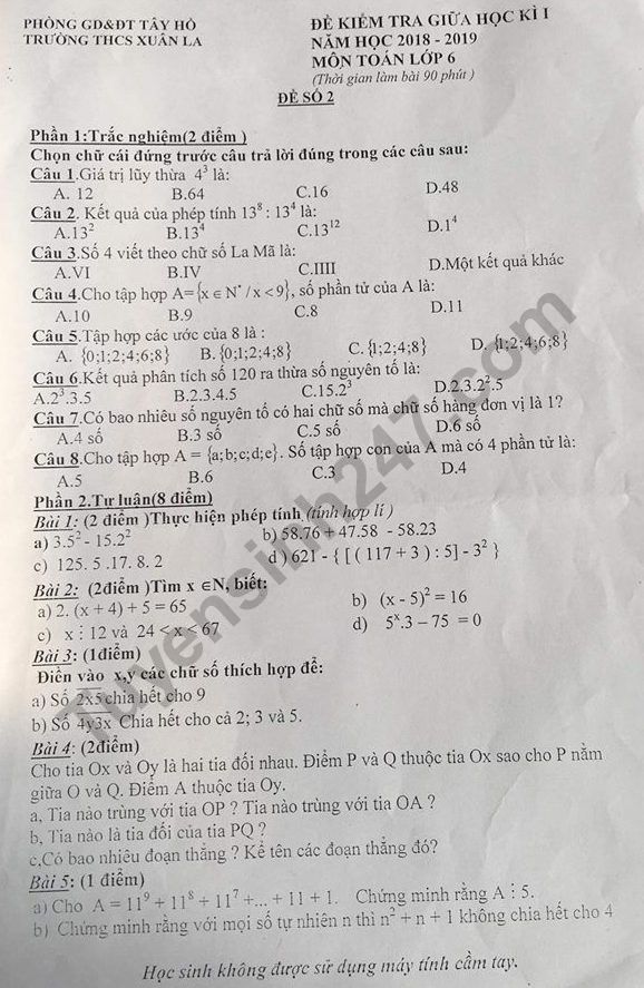 Đề thi giữa kì 1 lớp 6 môn Toán - THCS Xuân La năm học 2018 - 2019